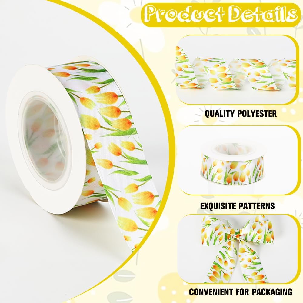 Tulip Ribbon 5 Yards 1 Inch Yellow Printed Satin Hair Bow Making Floral | Ribbon for Gift Wrapping Wreath Fabric Ribbons for Crafts Flower Bouquet Sewing Mothers Day DIY Spring Birthday Party Decor