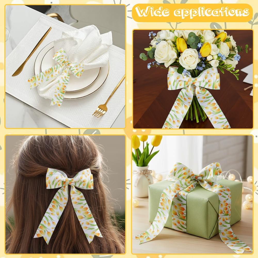 Tulip Ribbon 5 Yards 1 Inch Yellow Printed Satin Hair Bow Making Floral | Ribbon for Gift Wrapping Wreath Fabric Ribbons for Crafts Flower Bouquet Sewing Mothers Day DIY Spring Birthday Party Decor