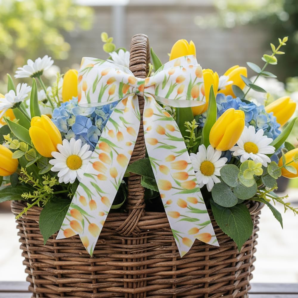 Tulip Ribbon 5 Yards 1 Inch Yellow Printed Satin Hair Bow Making Floral | Ribbon for Gift Wrapping Wreath Fabric Ribbons for Crafts Flower Bouquet Sewing Mothers Day DIY Spring Birthday Party Decor
