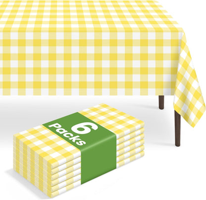 6 Pack Yellow and White Checkered Tablecloth, Yellow Plastic Table Cloths for Parties Disposable, 54 x 108 inch Waterproof Yellow Gingham Camping Tablecloth for Birthday, Party, Picnic, School