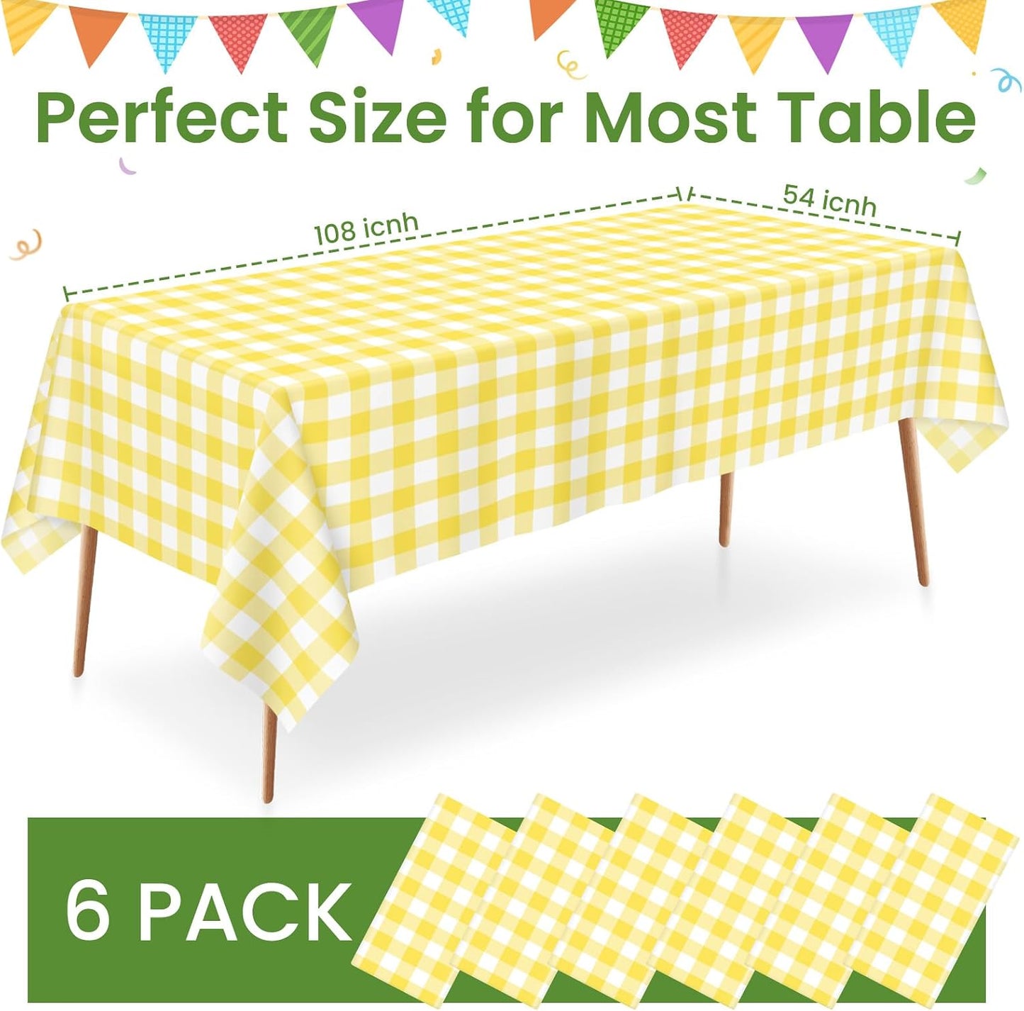 6 Pack Yellow and White Checkered Tablecloth, Yellow Plastic Table Cloths for Parties Disposable, 54 x 108 inch Waterproof Yellow Gingham Camping Tablecloth for Birthday, Party, Picnic, School
