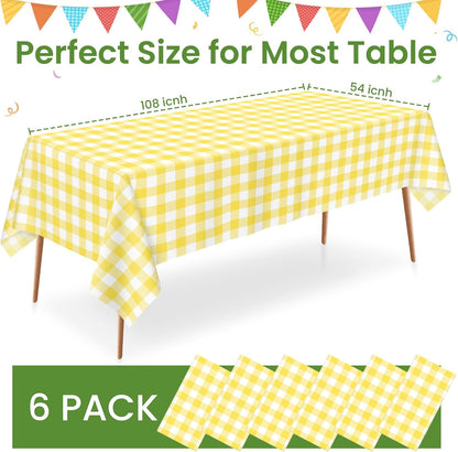 6 Pack Yellow and White Checkered Tablecloth, Yellow Plastic Table Cloths for Parties Disposable, 54 x 108 inch Waterproof Yellow Gingham Camping Tablecloth for Birthday, Party, Picnic, School