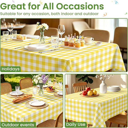 6 Pack Yellow and White Checkered Tablecloth, Yellow Plastic Table Cloths for Parties Disposable, 54 x 108 inch Waterproof Yellow Gingham Camping Tablecloth for Birthday, Party, Picnic, School