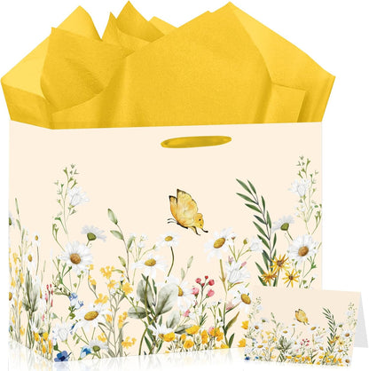 Large Daisy Floral Gift Bag Yellow Wildflower Flower Paper Bag with Tissue Paper and Card Daisy Butterfly Bridal Shower Wrapping Paper Bags for Wedding Bridal Shower Birthday Baby Shower Party Decor