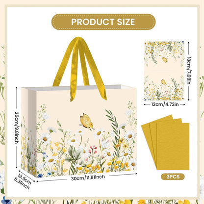 Large Daisy Floral Gift Bag Yellow Wildflower Flower Paper Bag with Tissue Paper and Card Daisy Butterfly Bridal Shower Wrapping Paper Bags for Wedding Bridal Shower Birthday Baby Shower Party Decor