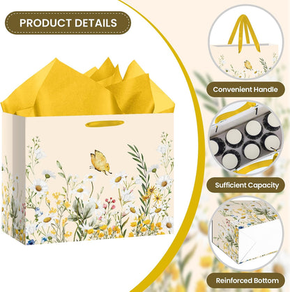 Large Daisy Floral Gift Bag Yellow Wildflower Flower Paper Bag with Tissue Paper and Card Daisy Butterfly Bridal Shower Wrapping Paper Bags for Wedding Bridal Shower Birthday Baby Shower Party Decor