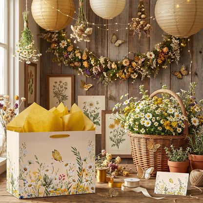 Large Daisy Floral Gift Bag Yellow Wildflower Flower Paper Bag with Tissue Paper and Card Daisy Butterfly Bridal Shower Wrapping Paper Bags for Wedding Bridal Shower Birthday Baby Shower Party Decor