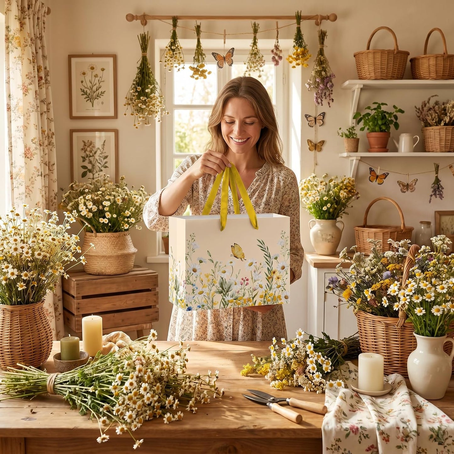 Large Daisy Floral Gift Bag Yellow Wildflower Flower Paper Bag with Tissue Paper and Card Daisy Butterfly Bridal Shower Wrapping Paper Bags for Wedding Bridal Shower Birthday Baby Shower Party Decor