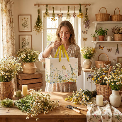 Large Daisy Floral Gift Bag Yellow Wildflower Flower Paper Bag with Tissue Paper and Card Daisy Butterfly Bridal Shower Wrapping Paper Bags for Wedding Bridal Shower Birthday Baby Shower Party Decor
