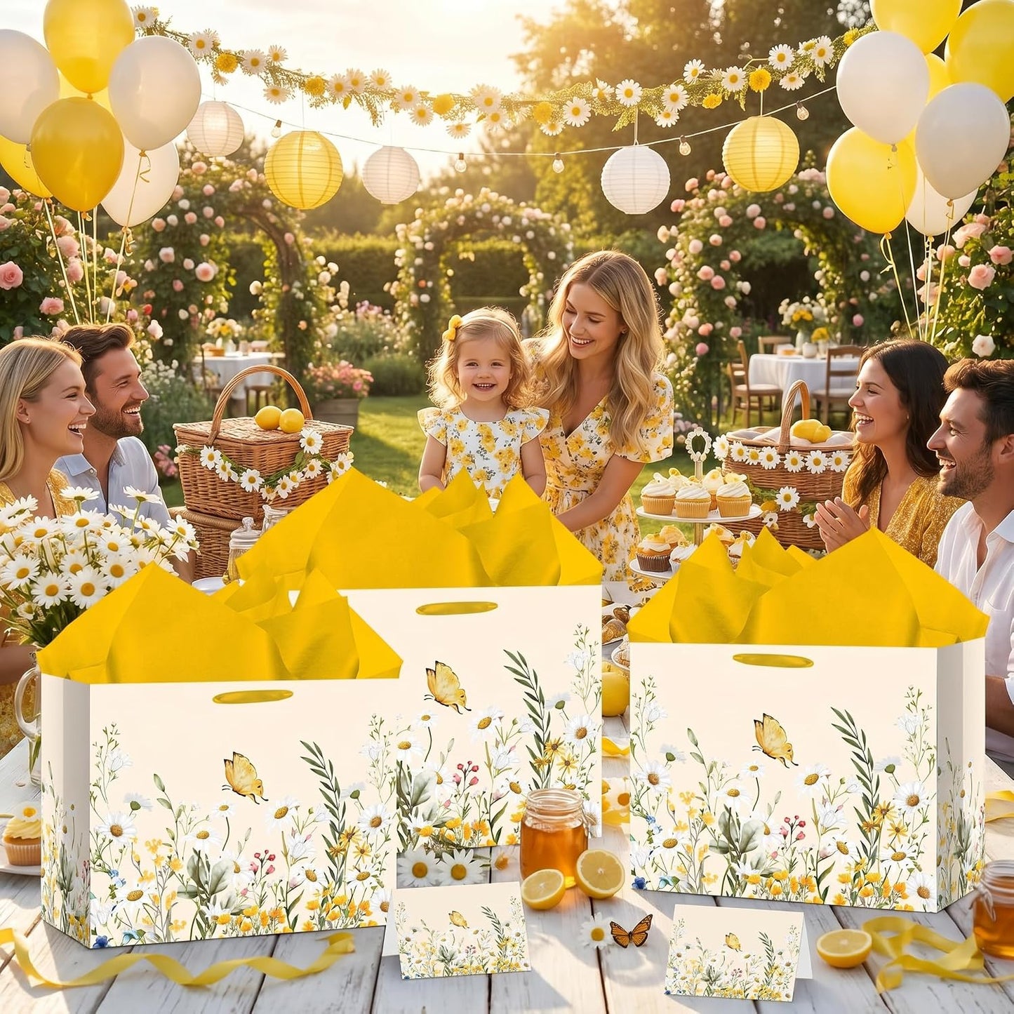 Large Daisy Floral Gift Bag Yellow Wildflower Flower Paper Bag with Tissue Paper and Card Daisy Butterfly Bridal Shower Wrapping Paper Bags for Wedding Bridal Shower Birthday Baby Shower Party Decor