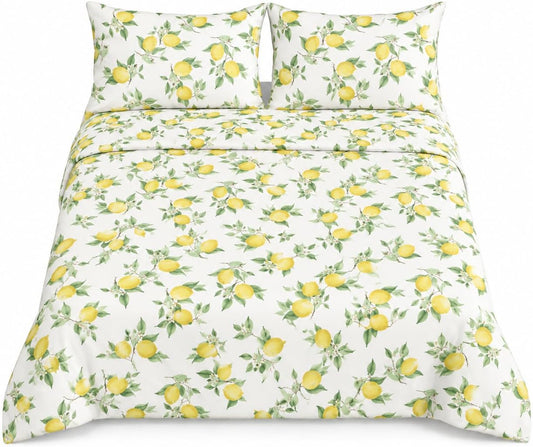 4 Piece Printed Sheets Set, Hotel Luxury Brushed Microfiber, Soft & Breathable, 12" Deep Pocket Fitted Sheet, Queen Size Sheet Set, Lemon