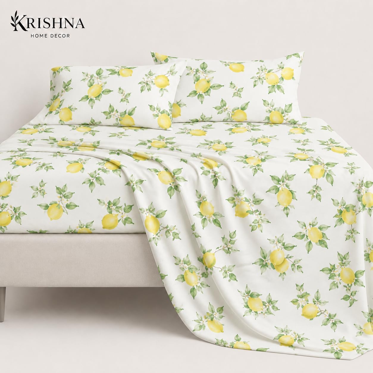 4 Piece Printed Sheets Set, Hotel Luxury Brushed Microfiber, Soft & Breathable, 12" Deep Pocket Fitted Sheet, Queen Size Sheet Set, Lemon