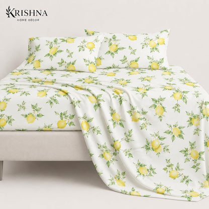 4 Piece Printed Sheets Set, Hotel Luxury Brushed Microfiber, Soft & Breathable, 12" Deep Pocket Fitted Sheet, Queen Size Sheet Set, Lemon