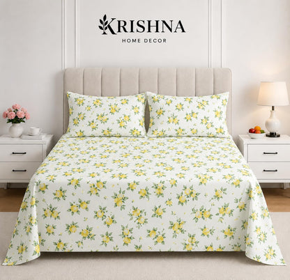 4 Piece Printed Sheets Set, Hotel Luxury Brushed Microfiber, Soft & Breathable, 12" Deep Pocket Fitted Sheet, Queen Size Sheet Set, Lemon