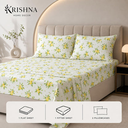 4 Piece Printed Sheets Set, Hotel Luxury Brushed Microfiber, Soft & Breathable, 12" Deep Pocket Fitted Sheet, Queen Size Sheet Set, Lemon