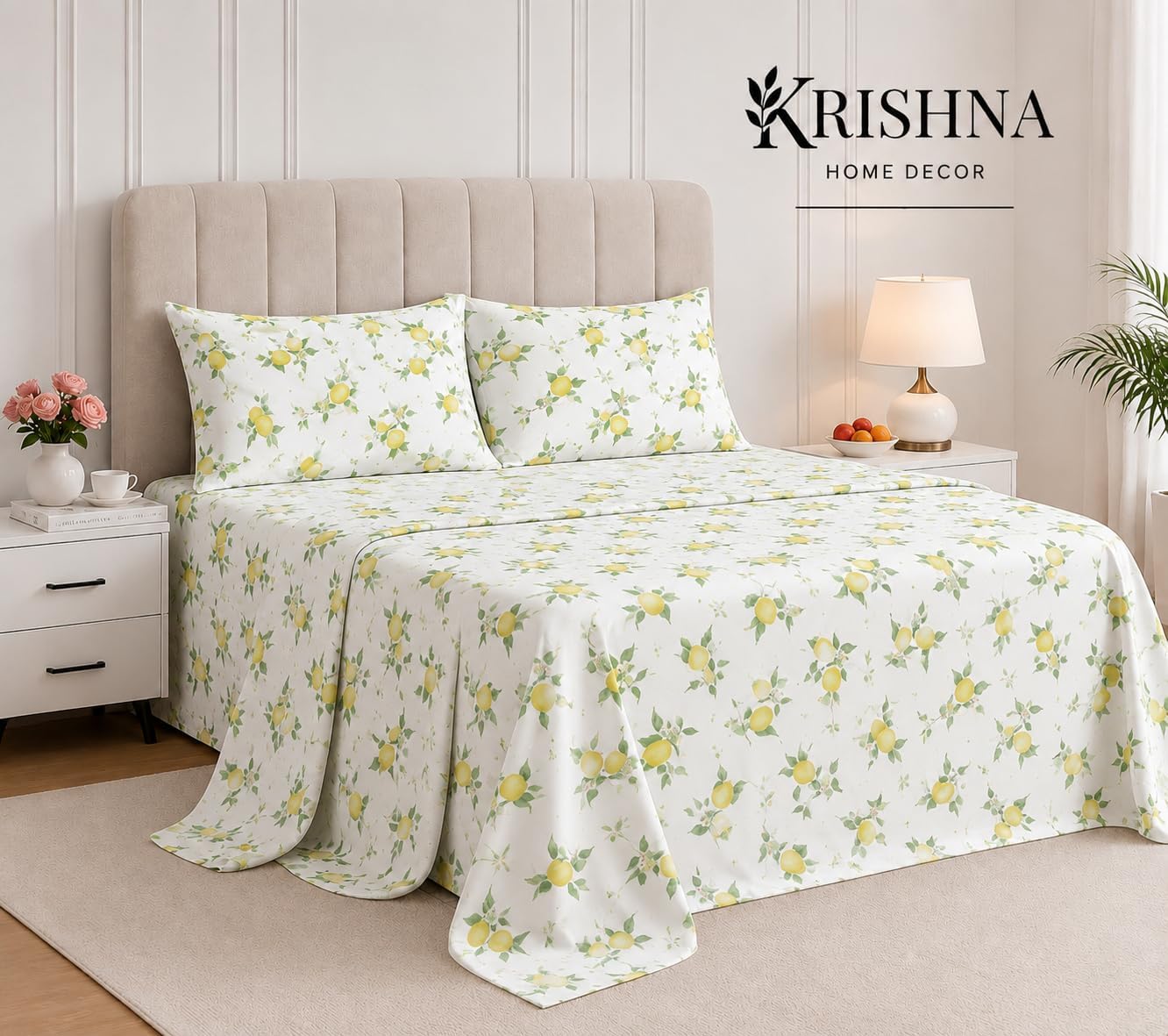 4 Piece Printed Sheets Set, Hotel Luxury Brushed Microfiber, Soft & Breathable, 12" Deep Pocket Fitted Sheet, Queen Size Sheet Set, Lemon
