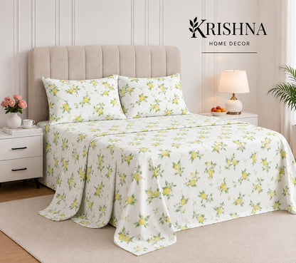 4 Piece Printed Sheets Set, Hotel Luxury Brushed Microfiber, Soft & Breathable, 12" Deep Pocket Fitted Sheet, Queen Size Sheet Set, Lemon