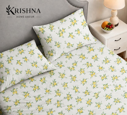 4 Piece Printed Sheets Set, Hotel Luxury Brushed Microfiber, Soft & Breathable, 12" Deep Pocket Fitted Sheet, Queen Size Sheet Set, Lemon