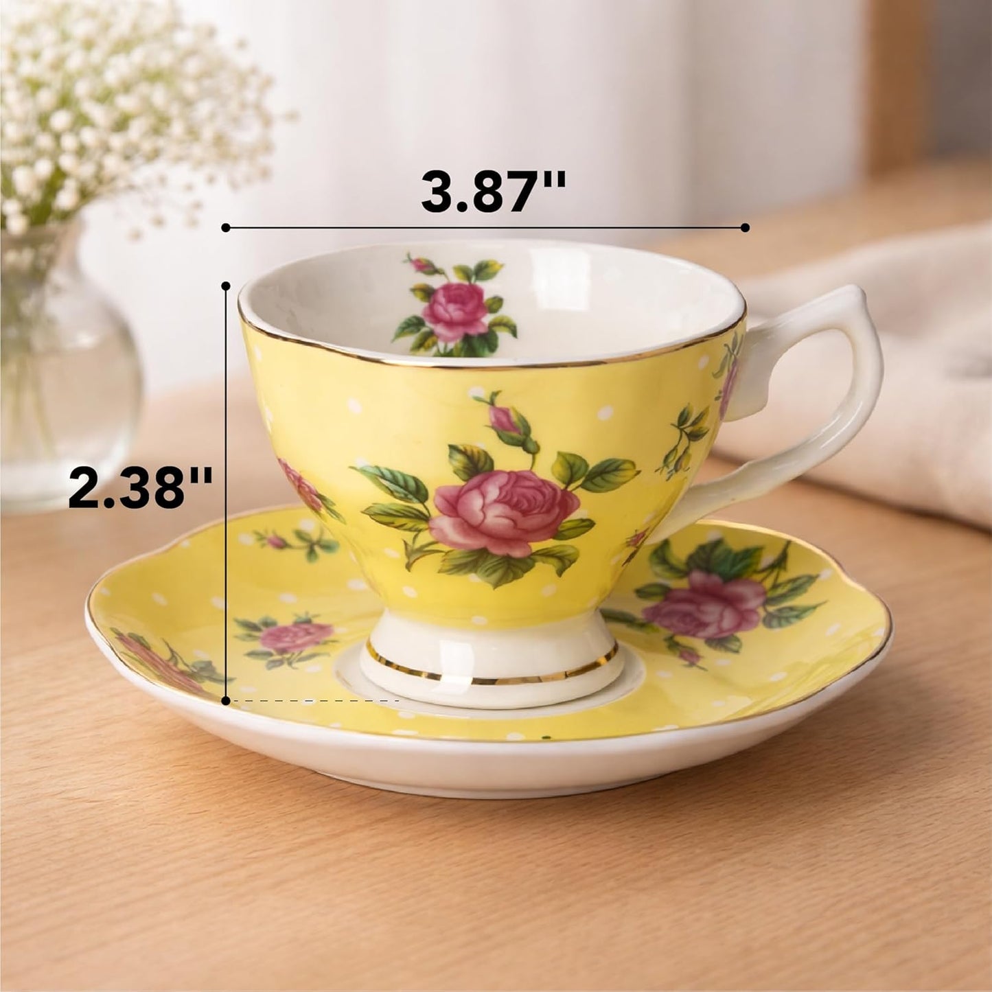 BTaT- Floral Tea Cups and Saucers, Set of 4, 8 oz, Fine Porcelain Teacup Set with Gold Trim for Afternoon Tea, Weddings, Parties & Gifting, Dishwasher Safe, Lightweight, Non-Toxic