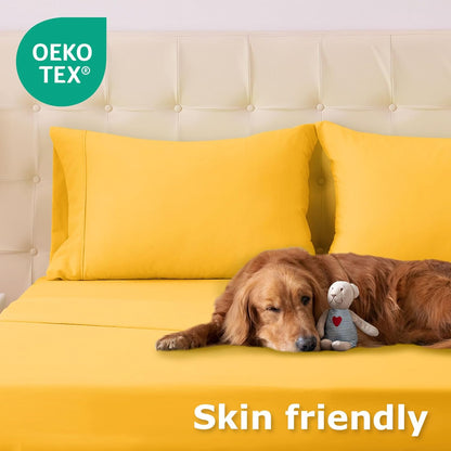Queen Size Bed Sheet Set - 4 Piece Soft Microfiber Sheets with Deep Pockets, Cooling Technology, and Wrinkle-Free Pillowcase. Hotel-Quality, Durable Bedding, Spectra Yellow