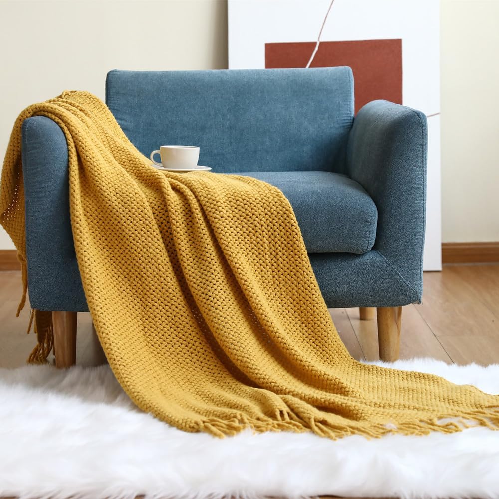Fringe Knitted Throw Blanket, Queen Decorative Cable Knit Blankets with Tassels, Soft Lightweight Throw Blanket for Couch Bed Home Decor,Yellow,127 * 176cm