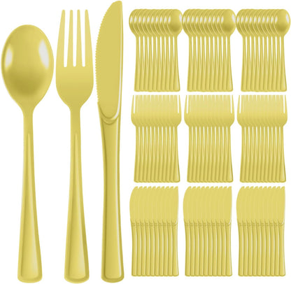 Plastic Silverware 150 PCS Disposable Silverware Heavy Duty Utensil Sets 50 Of Each Forks Knives & Spoons Disposable Cutlery Set For Easter,Birthday,Baby Shower,Garden Party,Wedding(150,Light Yellow)