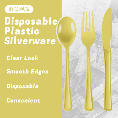 Plastic Silverware 150 PCS Disposable Silverware Heavy Duty Utensil Sets 50 Of Each Forks Knives & Spoons Disposable Cutlery Set For Easter,Birthday,Baby Shower,Garden Party,Wedding(150,Light Yellow)