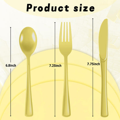 Plastic Silverware 150 PCS Disposable Silverware Heavy Duty Utensil Sets 50 Of Each Forks Knives & Spoons Disposable Cutlery Set For Easter,Birthday,Baby Shower,Garden Party,Wedding(150,Light Yellow)