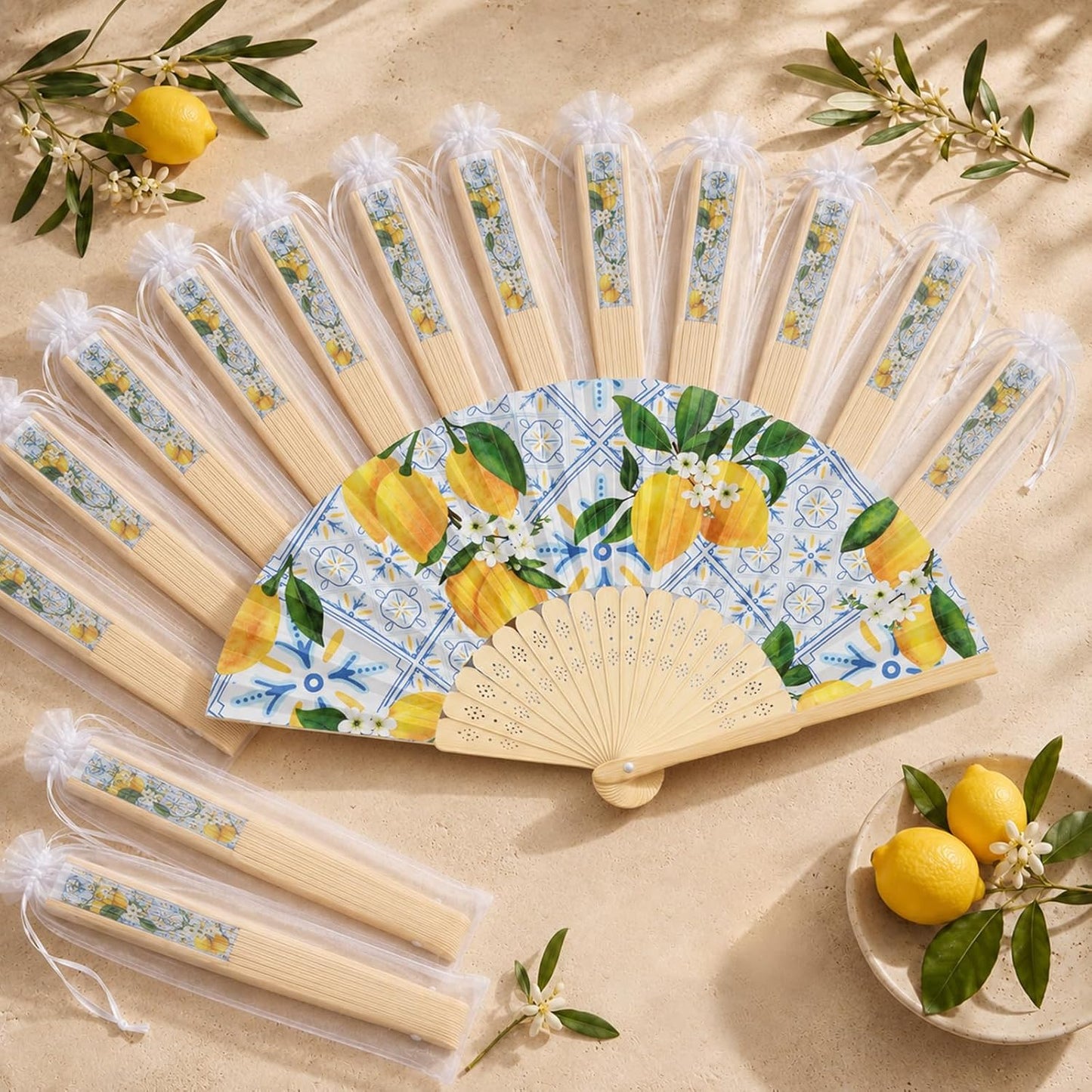 25 Sets Lemon Hand Folding Fans with Organza Bags Bulk Wedding Favors for Guests Mediterranean Paper Fans Capri Lemon Handheld Fan for Bridal Shower Bridesmaid Gift Amalfi Coast Party Decorations