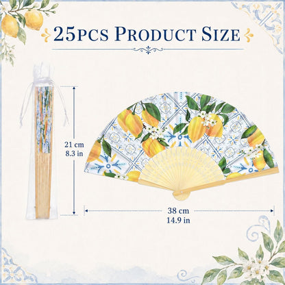 25 Sets Lemon Hand Folding Fans with Organza Bags Bulk Wedding Favors for Guests Mediterranean Paper Fans Capri Lemon Handheld Fan for Bridal Shower Bridesmaid Gift Amalfi Coast Party Decorations