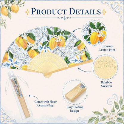 25 Sets Lemon Hand Folding Fans with Organza Bags Bulk Wedding Favors for Guests Mediterranean Paper Fans Capri Lemon Handheld Fan for Bridal Shower Bridesmaid Gift Amalfi Coast Party Decorations