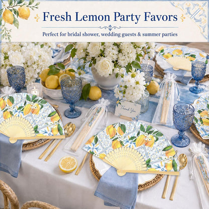 25 Sets Lemon Hand Folding Fans with Organza Bags Bulk Wedding Favors for Guests Mediterranean Paper Fans Capri Lemon Handheld Fan for Bridal Shower Bridesmaid Gift Amalfi Coast Party Decorations