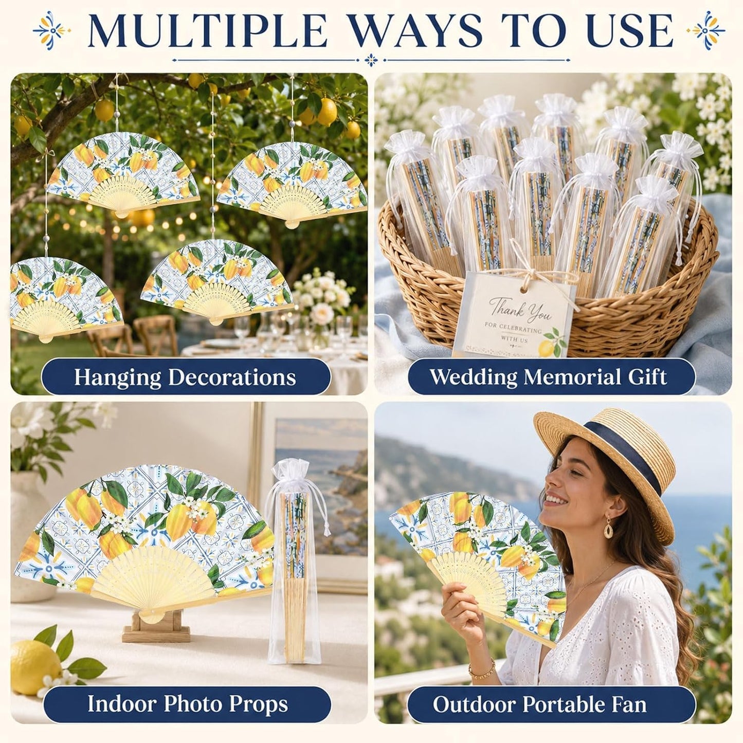 25 Sets Lemon Hand Folding Fans with Organza Bags Bulk Wedding Favors for Guests Mediterranean Paper Fans Capri Lemon Handheld Fan for Bridal Shower Bridesmaid Gift Amalfi Coast Party Decorations