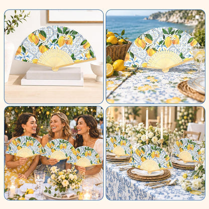 25 Sets Lemon Hand Folding Fans with Organza Bags Bulk Wedding Favors for Guests Mediterranean Paper Fans Capri Lemon Handheld Fan for Bridal Shower Bridesmaid Gift Amalfi Coast Party Decorations