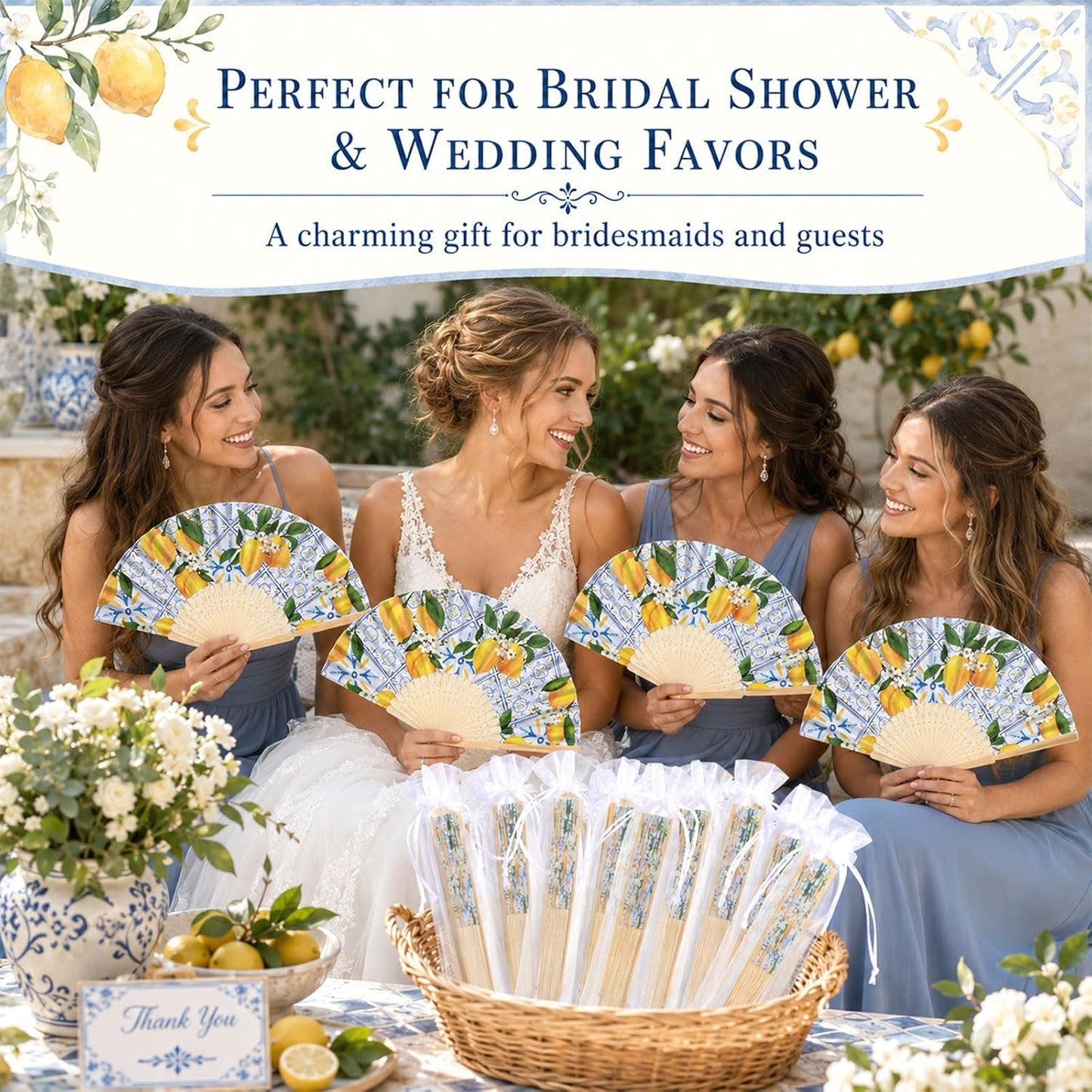 25 Sets Lemon Hand Folding Fans with Organza Bags Bulk Wedding Favors for Guests Mediterranean Paper Fans Capri Lemon Handheld Fan for Bridal Shower Bridesmaid Gift Amalfi Coast Party Decorations