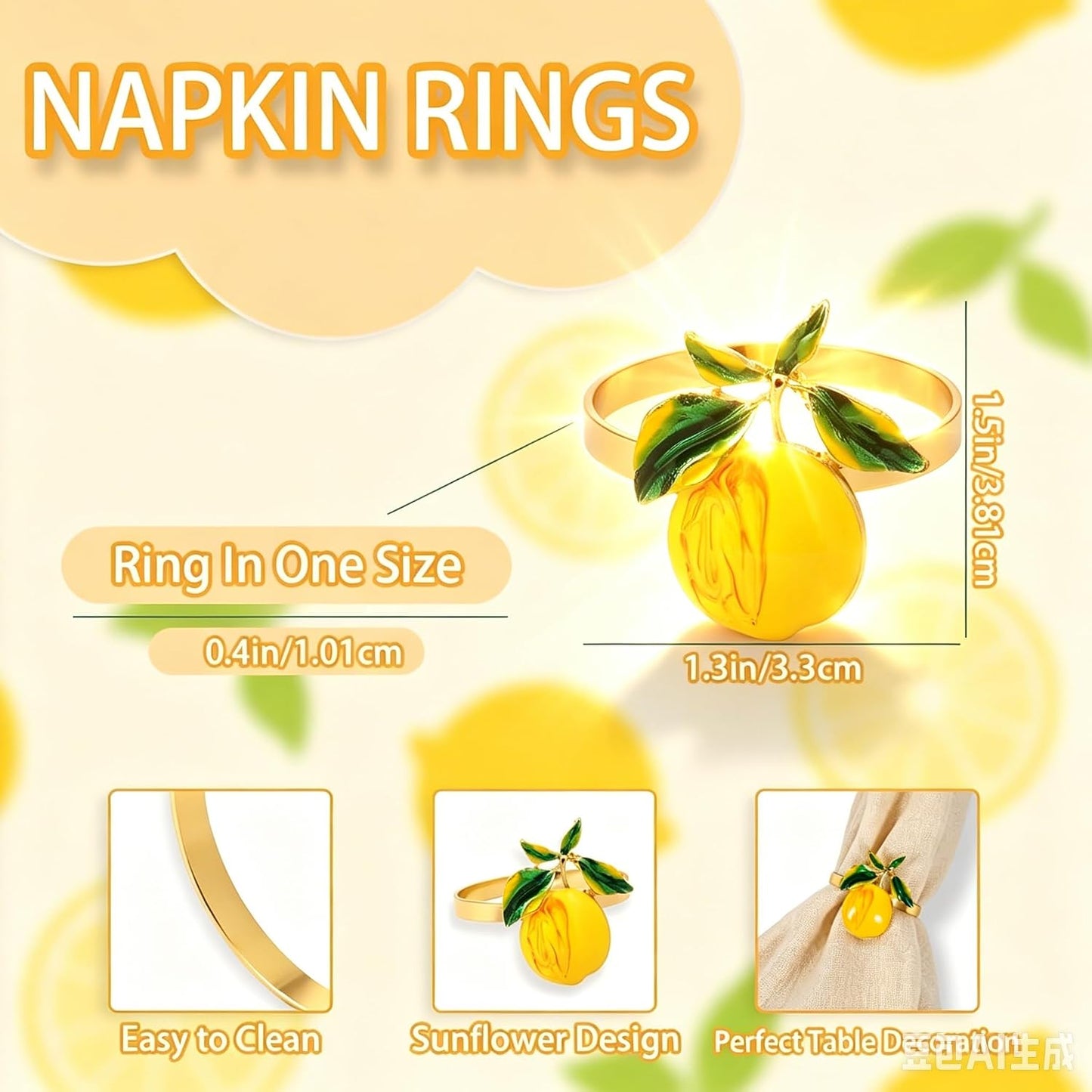 Peach Napkin Rings Set of 12 | Lemon Metal Spring Napkin Holders | Flower Napkins Buckle Ring for Mother's Day Birthday Wedding Dinners Parties Table Decoration and Daily Use(Yellow Nectarine)