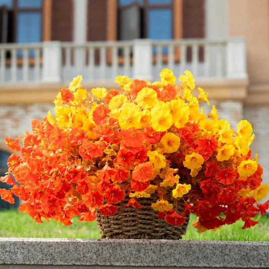 16 Bundles Fall Mums Artificial Flowers for Outdoor Decoration,Realistic Fake Plants Orange Red Petunias, UV Resistant Faux Yellow Silk Flowers for Vase Planter Front door Porch Garden (Autumn)