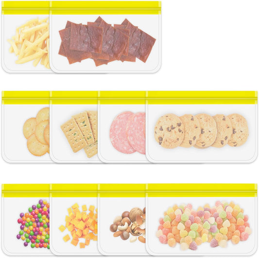 10 Pack Reusable Gallon Freezer Bags, Yellow | Dishwasher Safe Silicone Food Snack Storage Bags with 3 Sizes for Snack, Sandwich, Lunch