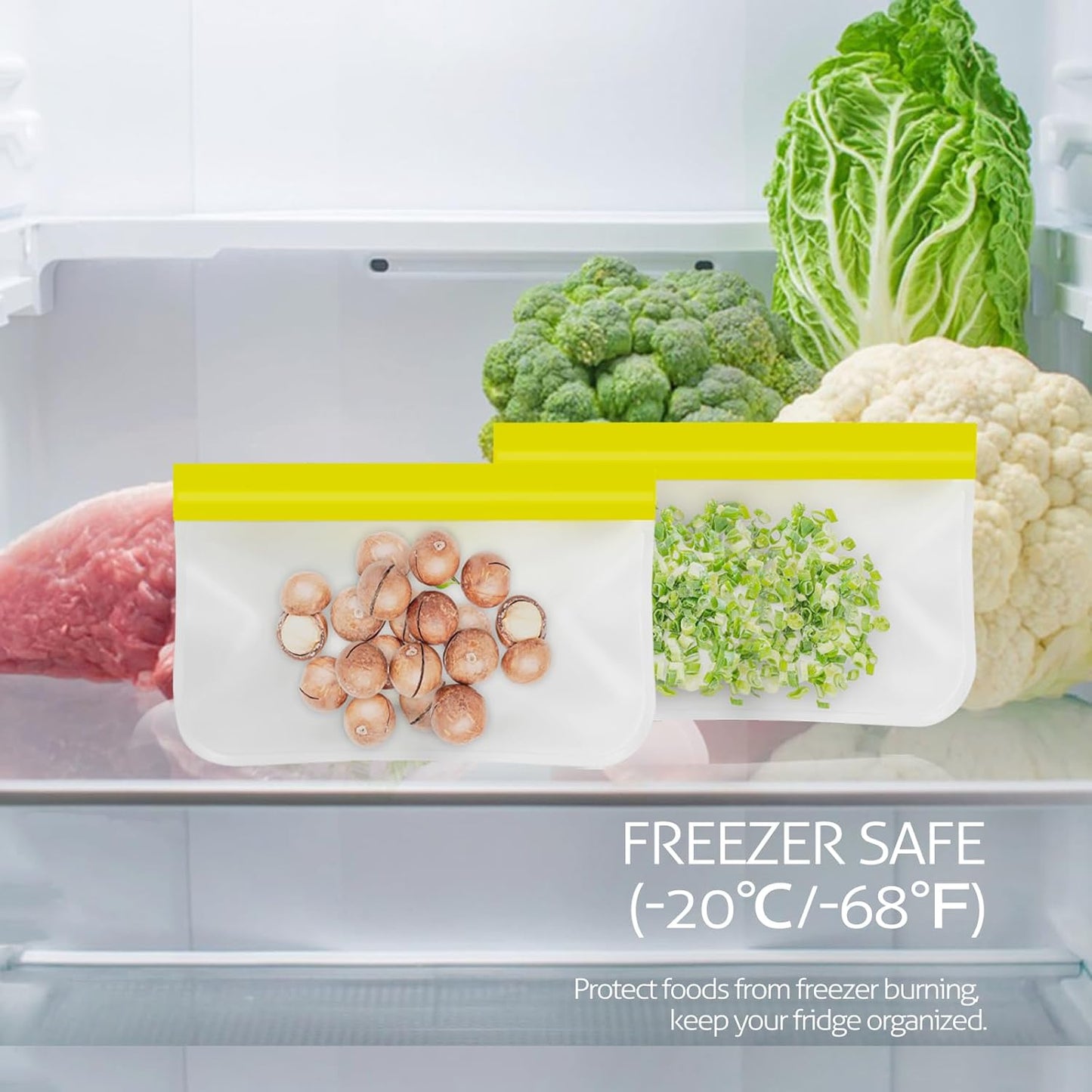 10 Pack Reusable Gallon Freezer Bags, Yellow | Dishwasher Safe Silicone Food Snack Storage Bags with 3 Sizes for Snack, Sandwich, Lunch