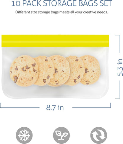 10 Pack Reusable Gallon Freezer Bags, Yellow | Dishwasher Safe Silicone Food Snack Storage Bags with 3 Sizes for Snack, Sandwich, Lunch