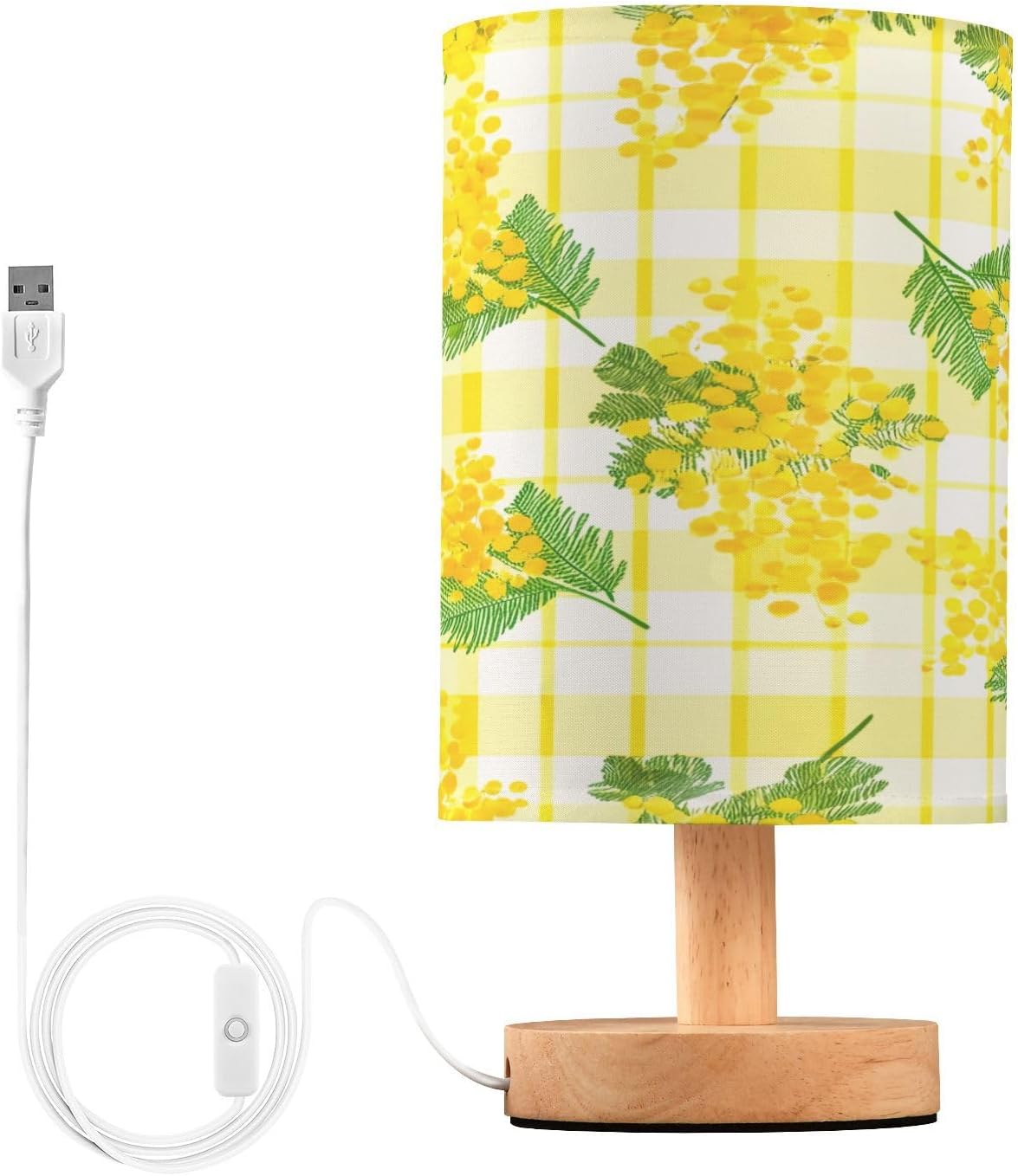 Yellow Flowers Bedside Table Lamp, Small LED Desk Light USB Nightstand Lamp with Non Slip Wood Base & Eye-Friendily Lampshade for Living Room Bedroom Dorm Home Office Desk Decor