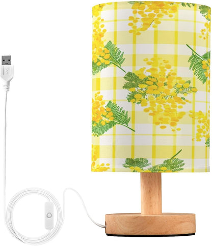 Yellow Flowers Bedside Table Lamp, Small LED Desk Light USB Nightstand Lamp with Non Slip Wood Base & Eye-Friendily Lampshade for Living Room Bedroom Dorm Home Office Desk Decor