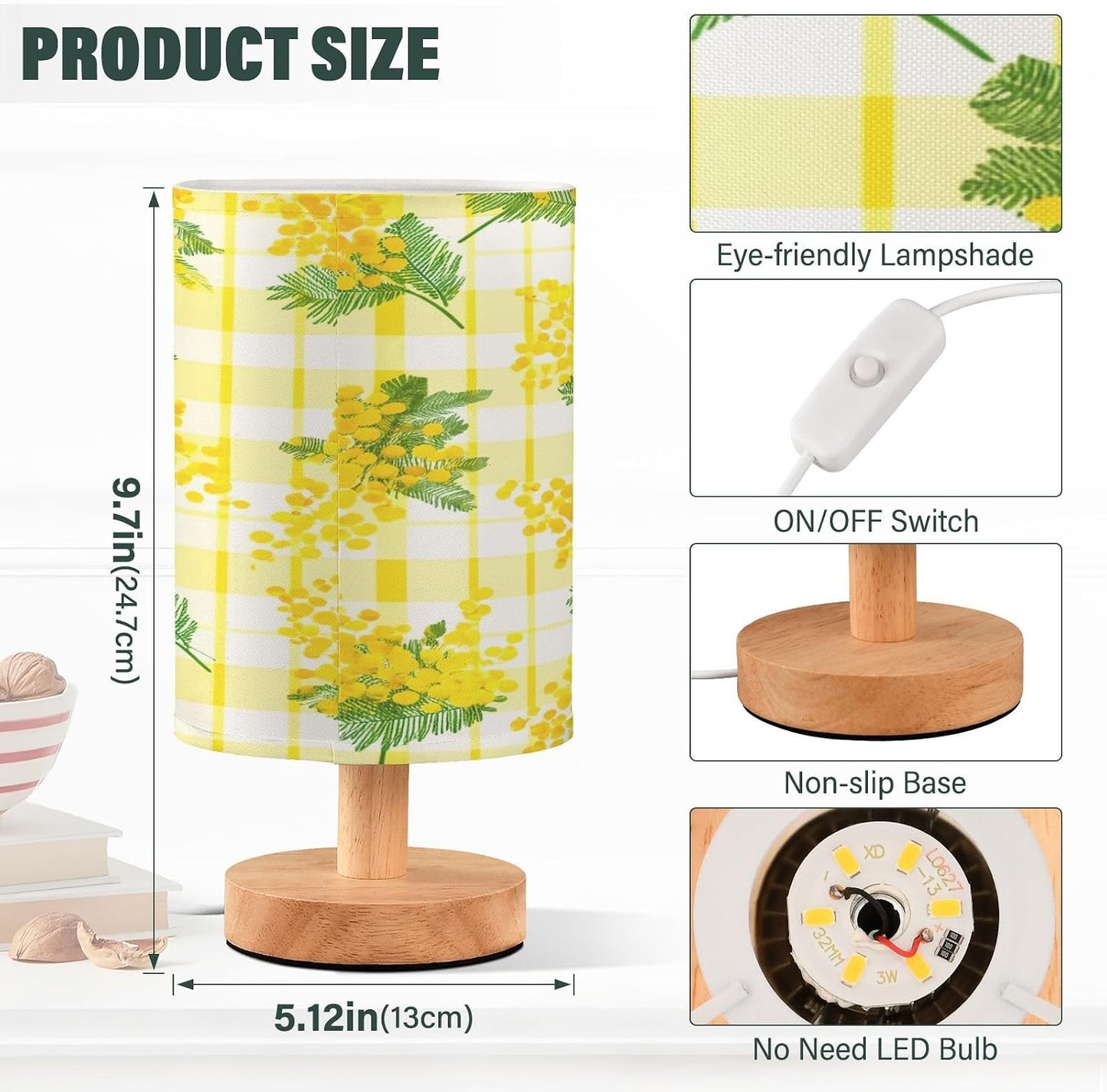 Yellow Flowers Bedside Table Lamp, Small LED Desk Light USB Nightstand Lamp with Non Slip Wood Base & Eye-Friendily Lampshade for Living Room Bedroom Dorm Home Office Desk Decor