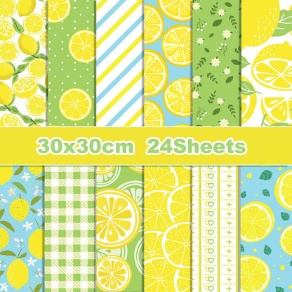 24Pcs Hawaii Lemon Scrapbook Paper Pad, Hawaiian Yellow Lemon Fruit Double-Sided Decopodge Paper, Cardstock Paper Scrapbooking DIY Decorative Background Cardmaking Supplies Craft