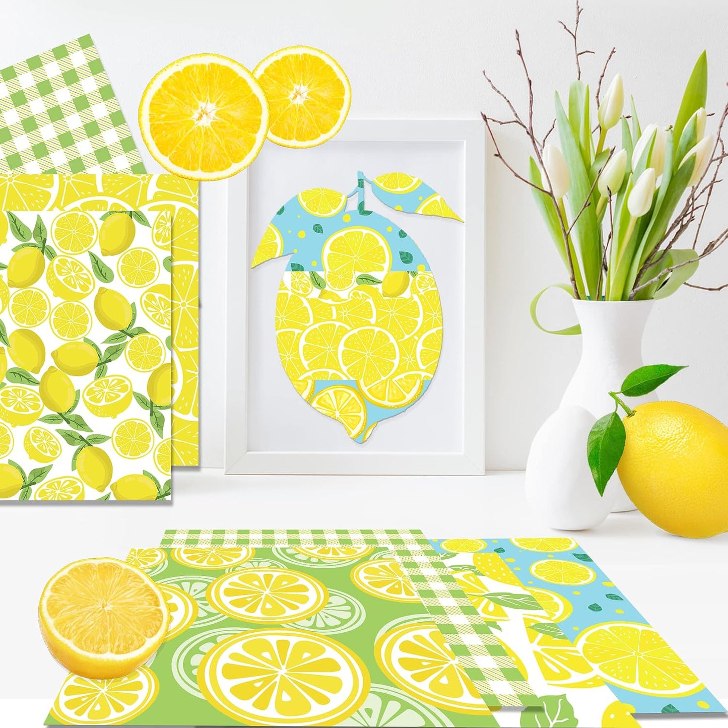 24Pcs Hawaii Lemon Scrapbook Paper Pad, Hawaiian Yellow Lemon Fruit Double-Sided Decopodge Paper, Cardstock Paper Scrapbooking DIY Decorative Background Cardmaking Supplies Craft