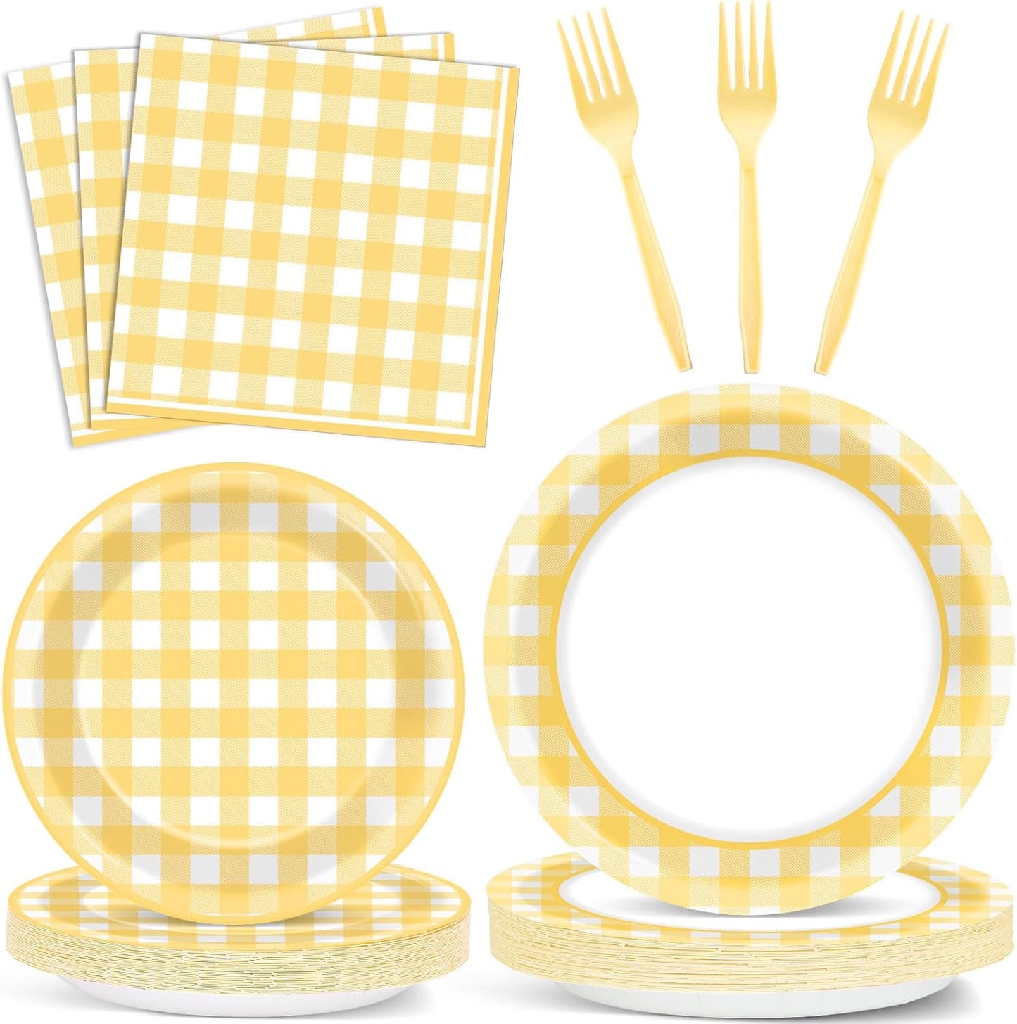 96Pcs Yellow Checkered Party Supplies Plaid Bachelorette Paper Plates and Napkins Yellow and White Checked Plates Birthday Party Decoration Tableware Set Plaid Parties Baby Shower Favors for 24 Guests