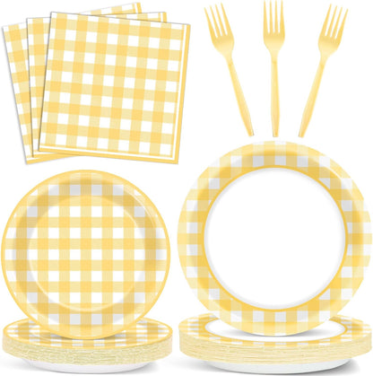 96Pcs Yellow Checkered Party Supplies Plaid Bachelorette Paper Plates and Napkins Yellow and White Checked Plates Birthday Party Decoration Tableware Set Plaid Parties Baby Shower Favors for 24 Guests