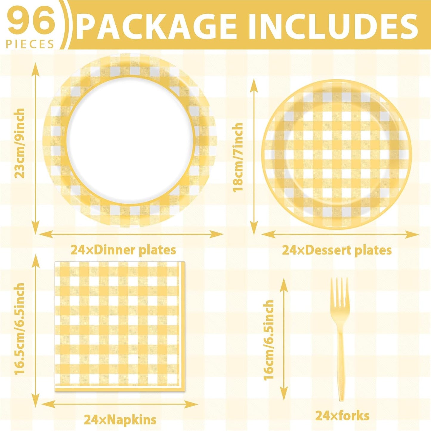 96Pcs Yellow Checkered Party Supplies Plaid Bachelorette Paper Plates and Napkins Yellow and White Checked Plates Birthday Party Decoration Tableware Set Plaid Parties Baby Shower Favors for 24 Guests