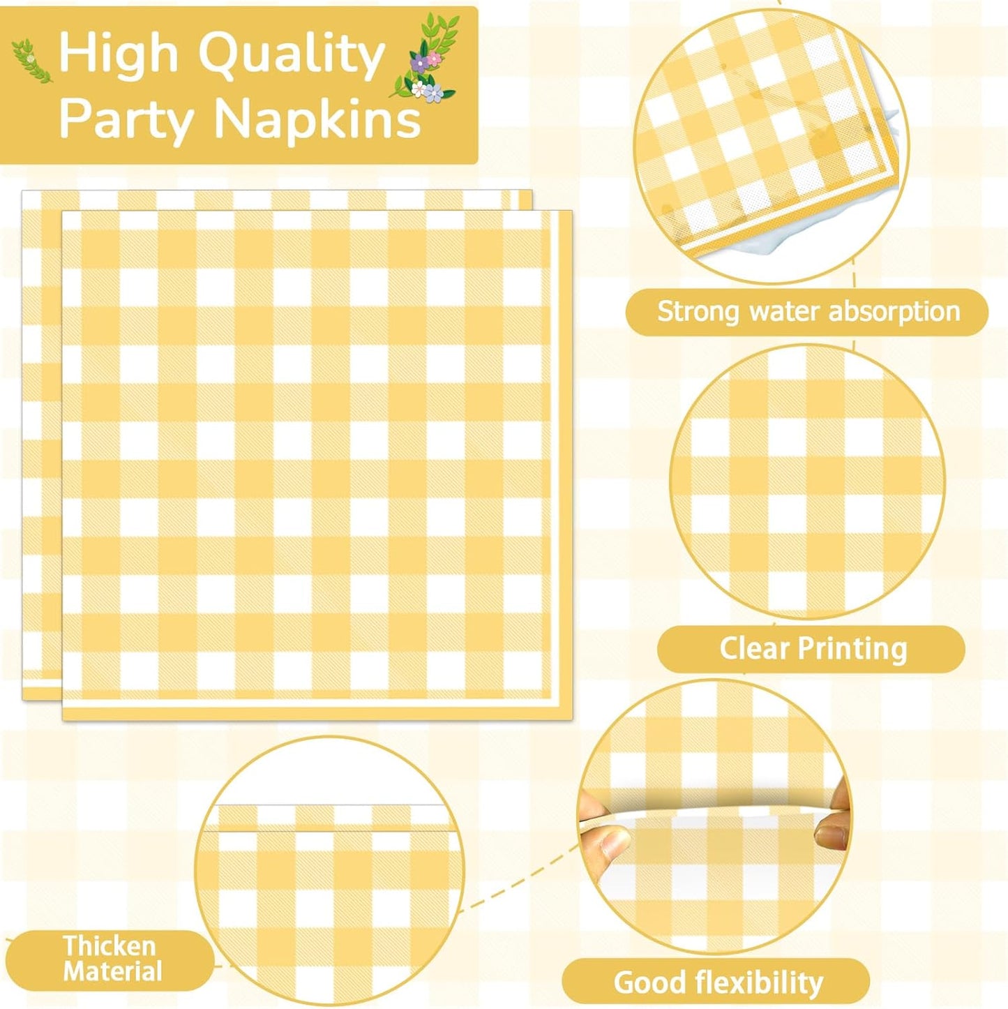 96Pcs Yellow Checkered Party Supplies Plaid Bachelorette Paper Plates and Napkins Yellow and White Checked Plates Birthday Party Decoration Tableware Set Plaid Parties Baby Shower Favors for 24 Guests