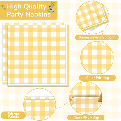 96Pcs Yellow Checkered Party Supplies Plaid Bachelorette Paper Plates and Napkins Yellow and White Checked Plates Birthday Party Decoration Tableware Set Plaid Parties Baby Shower Favors for 24 Guests